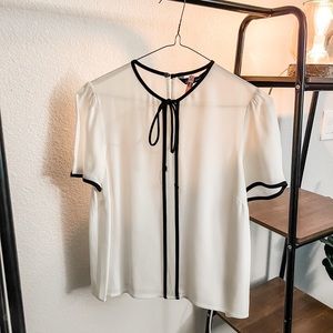 White and Black Zara Blouse with Bow/Tie Detail Front